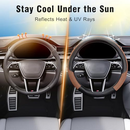 KAFEEK Steering Wheel Cover, Universal 15 inch, Microfiber Leather Viscose, Breathable, Anti-Slip,Warm in Winter and Cool in Summer, Black&Brown - color: brown, size: Standard Size[14.5"-15"]