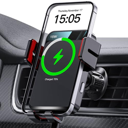 Wireless Car Charger, MOKPR Auto-Clamping Car Mount 15W/10W/7.5W Fast Charging Air Vent Car Phone Mount Compatible with iPhone 15/14/13/13 Pro/12 Pro Max/12/11/10/8 Series, Samsung Galaxy Series Red - color: Red