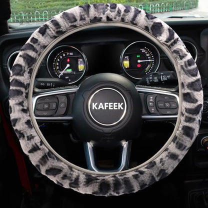 KAFEEK Elastic Long Microfiber Plush Steering Wheel Cover for Winter Warm, Universal 15 inch, Anti-Slip, Odorless, Leopard Gray - color: Leopard