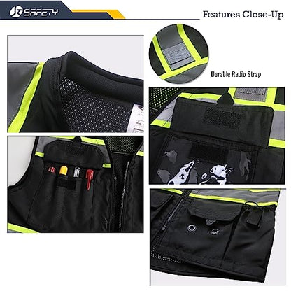 JKSafety Hi-Vis Unisex Surveyor Safety Vest Heavy Duty PPE Inner Pockets ANSI/ISEA Compliant - color: 188-black, size: Medium