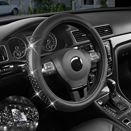 Road Comforts Bling Steering Wheel Cover for Women Girls, Sparkly Rhinestone Leather, Diamond Car Accessories, Anti-Slip Thick Soft Grip, Universal 14.5–15 Inch, for Her - color: Black
