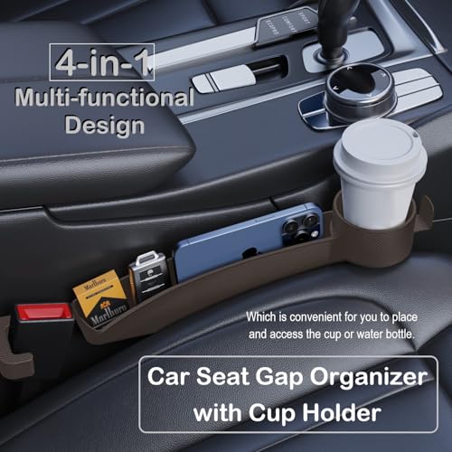 Car Seat Gap Plug with Storage Slot, Auto Gap Filler Organizer with Cup Holder, Universal Carseat Side Gap Filler Strip 2 Pack Between Front Seats & Console, Anti-Drop Pad with Seatbelt Holes, Brown - color: Brown, Cup Holder & Hook