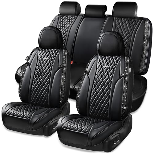 CAR Pass Bling Car Seat Covers, Microfiber Nappa Leather Luxury Cushioned, Waterproof Heavy-Duty Anti-Slip Universal Fit for Auto SUV Sedan, Sparkly Glitter Shining Rhinestone Full Set, Black Diamond - color: Black Diamond, size: Full Set