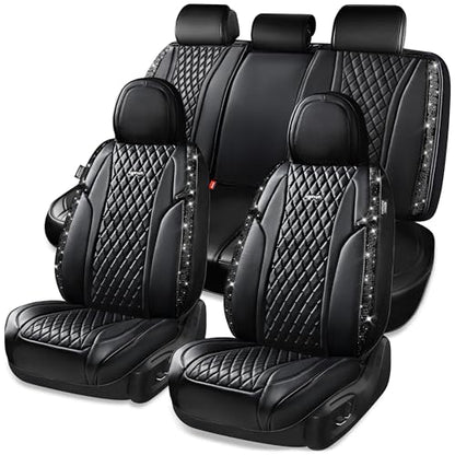 CAR Pass Bling Car Seat Covers, Microfiber Nappa Leather Luxury Cushioned, Waterproof Heavy-Duty Anti-Slip Universal Fit for Auto SUV Sedan, Sparkly Glitter Shining Rhinestone Full Set, Black Diamond - color: Black Diamond, size: Full Set