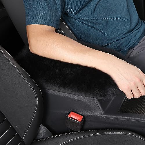 Genuine Sheepskin Center Console Cover Pad Genuine Furry Fluffy Wool Fur Car Armrest Cover Protector Universal Fit for SUV/Truck/Car - color: Long Wool-Black