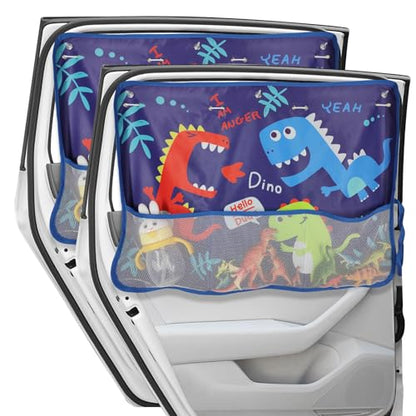 DIZA100 Car Window Shade for Baby, 2 Pack Car Sun Shades with Storage Net Pocket Auto Window Curtain 7 Suction Cups Blue Dinosaurs for Sun/Heat/UV Rays Protection Kids - color: Blue Dino-2pcs
