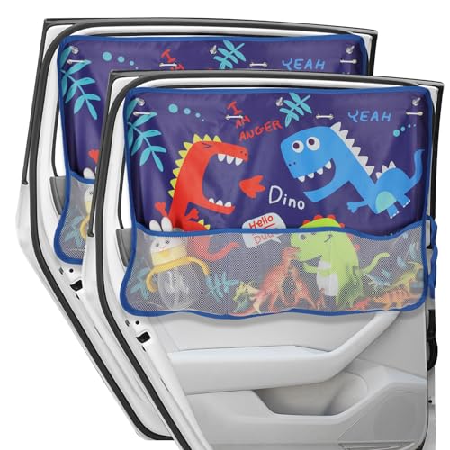 DIZA100 Car Window Shade for Baby, 2 Pack Car Sun Shades with Storage Net Pocket Auto Window Curtain 7 Suction Cups Blue Dinosaurs for Sun/Heat/UV Rays Protection Kids - color: Blue Dino-2pcs