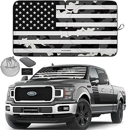 Autoamerics Truck Windshield Sun Shade with Storage Pouch & Anti-Slip Dash Pad - Foldable B&W Camo USA Flag Design - Fits Most SUVs & Trucks - Blocks UV Rays and Keeps Car Cool | XL (66 x 36 inches) - color: USA B&W CAMO FLAG, size: X-LARGE = 66 x 36 inch