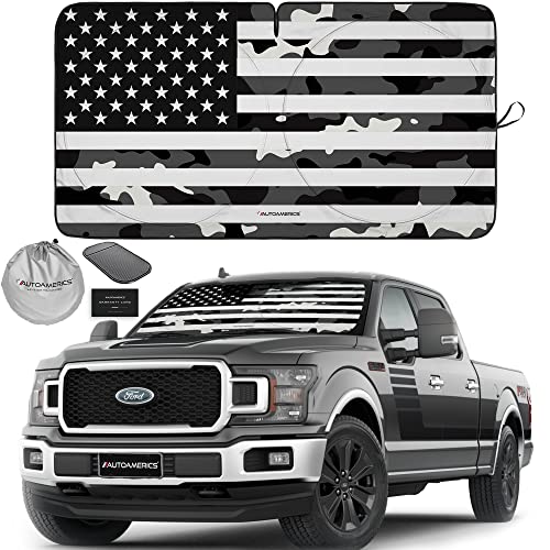 Autoamerics Truck Windshield Sun Shade with Storage Pouch & Anti-Slip Dash Pad - Foldable B&W Camo USA Flag Design - Fits Most SUVs & Trucks - Blocks UV Rays and Keeps Car Cool | XL (66 x 36 inches) - color: USA B&W CAMO FLAG, size: X-LARGE = 66 x 36 inch