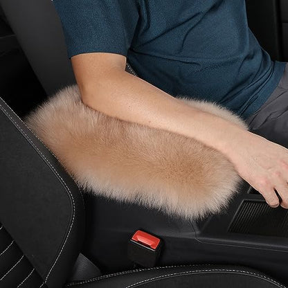 Genuine Sheepskin Center Console Cover Pad Genuine Furry Fluffy Wool Fur Car Armrest Cover Protector Universal Fit for SUV/Truck/Car - color: Long Wool-Light Tan