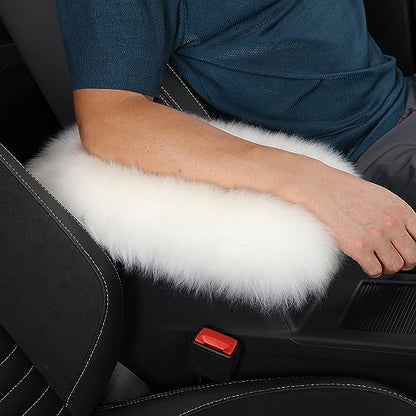 Genuine Sheepskin Center Console Cover Pad Genuine Furry Fluffy Wool Fur Car Armrest Cover Protector Universal Fit for SUV/Truck/Car - color: Long Wool-Pure White