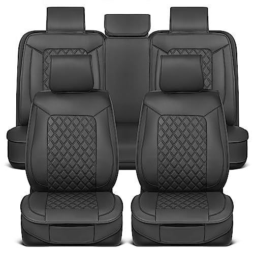 MotorBox Prestige Faux Leather Seat Covers - Semi-Custom Fit Car Seat Covers Full Set - Seat Covers for Trucks & SUV PU Leather Car Seat Covers - 2 Front Seat Interior Covers & 1 Back Bench Seat Cover - color: Black, size: Full Set