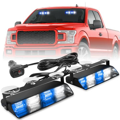HLauto 2002L Emergency Dash Strobe Lights: Blue White Safety Lights, Flashing Warning Hazard Windshield Visor Traffic Light Bars for Trucks, Construction Vehicles (2x8.5 inch, 48LED) - color: Blue/White