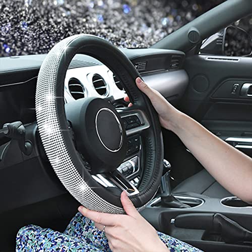 CAR PASS Bling Diamond Leather Steering Wheel Cover, with Bling Sparkly Crystal Glitter Rhinestones Universal Fit 14.5in-15in Car Wheel Protector for Women Girl Fit Suvs,Vans,Sedans,Car,Trucks, Silver - color: Silver Diamond