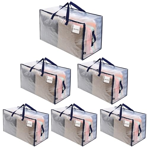 VENO 6 Pack Clear Extra Large Moving Bags & Storage Totes, Heavy Duty Organizer with Reinforced Handles & Strong Zippers for Clothes, College Dorm Essentials, Moving Supplies - color: Clear, size: 6 Pack