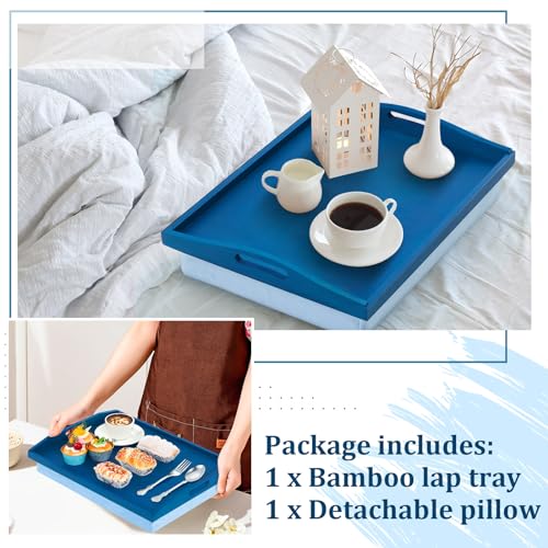 Tioncy 1 Piece Bamboo Lap Tray with Detachable Pillow 16.9'' x 13'' Lap TV Trays Desk with Handles for Adults Eating in Recliner Breakfast Housewarming Gift (Blue) - color: Blue