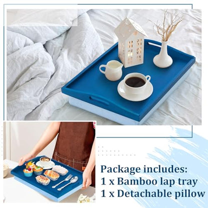 Tioncy 1 Piece Bamboo Lap Tray with Detachable Pillow 16.9'' x 13'' Lap TV Trays Desk with Handles for Adults Eating in Recliner Breakfast Housewarming Gift (Blue) - color: Blue