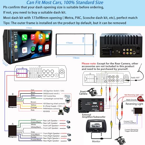 Naifay Double Din Car Stereo Compatible with Apple Carplay and Android Auto, 7 inch HD Touchscreen Car Radio Car Audio Receivers, Bluetooth, Backup Camera, Mirror Link, USB/AUX/TF/Subwoofer, FM Radio - color: with CarPlay & Android Auto