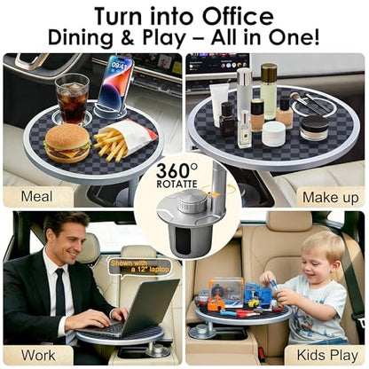 Car Food Tray & Car Table Tray with Car-Grade Aluminum Cup Holder & Phone Stand, Premium Wood with Leather Surface, 360° Rotating Car Desk for Laptop &Eating (Round, Black&Grey) - color: 𝗥𝗼𝘂𝗻𝗱 · Grey&Black