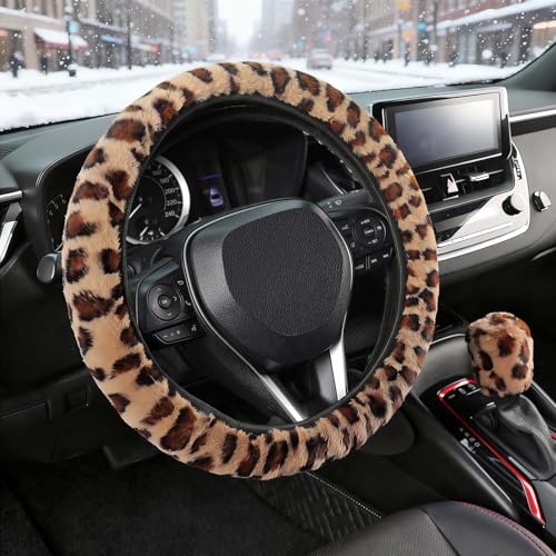 SEG Direct Furry Car Steering Wheel Cover with Gear Shift Cover, Soft and Warm, Cute Fluffy Auto Decor for Women Men, Standard Size, 2 PCS Set, Brown Leopard - color: Brown Leopard