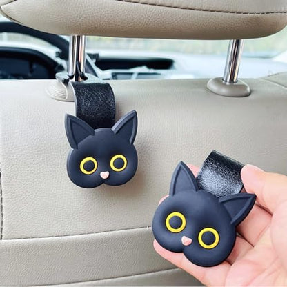 Car Seat Headrest Hooks,2 Pack Black Cute Cartoon Cat Hook 360° Rotation Heavy Duty Car Purse Hook Hanger for Bags, Coats, Umbrellas, Groceries, Universal Vehicle Fit - color: Black