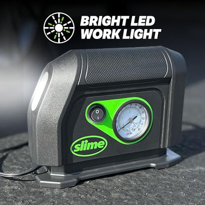 Slime 40050 Tire Inflator, Portable Car Air Compressor, with Analog 100 psi Dial Gauge, Long Hose and LED Light, 12V, 8 min Inflation - style: Analog