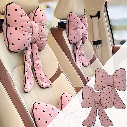 2PCS Chic Car Headrests with Bow-Shaped Cotton Linen Bowknot Neck Pillows for Cozy Road Trip & Cute Interior Decoration (Pink Polka) - color: Pink Polka