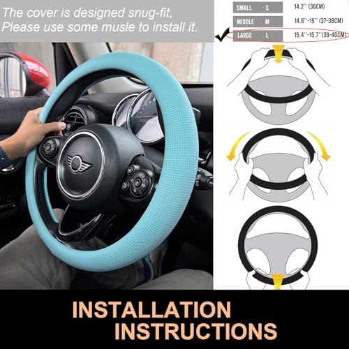 PINCTROT Large Size Nappa Leather Steering Wheel Cover, Slim Fit No Bulk Design, One Piece Leather with Breathable Perforation, Fit Like Gloves, 15.5-15.75 Inch(Nappa Aqua) - color: 10.Aqua, size: Large Size[15 1/2''-15 3/4'']