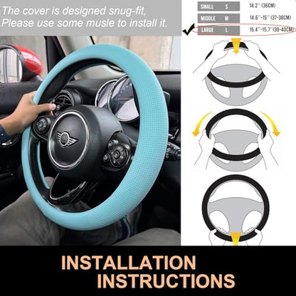 PINCTROT Large Size Nappa Leather Steering Wheel Cover, Slim Fit No Bulk Design, One Piece Leather with Breathable Perforation, Fit Like Gloves, 15.5-15.75 Inch(Nappa Aqua) - color: 10.Aqua, size: Large Size[15 1/2''-15 3/4'']
