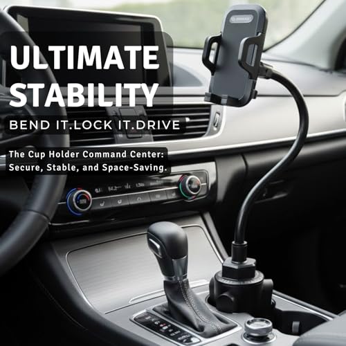 Car Cup Phone Holder, Car Phone Holder Cup Holder with 11” Long Arm, Goose Neck Cupholder Phone Holder, Adjustable Phone Holder for Car, Universal Cup Holder for Car, Cup Cradle