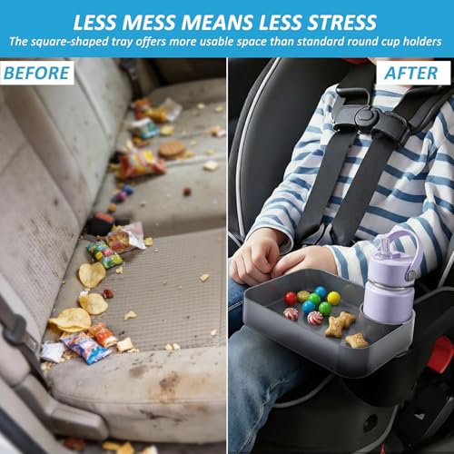 Kids Car Travel Tray Square for Car Snacks Tray, Car Seat Tray with Cup Holders for Stroller Snack Tray Travel Must Haves (Dark Gray) - color: Dark Gray