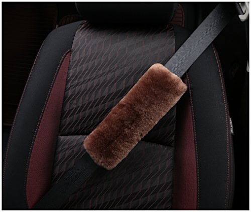 U&M 2 Pack Genuine Sheepskin Auto Seat Belt Cover for Adult Youth Kid Toddlers -Soft Warm Car, Truck, SUV, Camera Backpack Strap Shoulder Pad Wool Fluffy - color: coffee