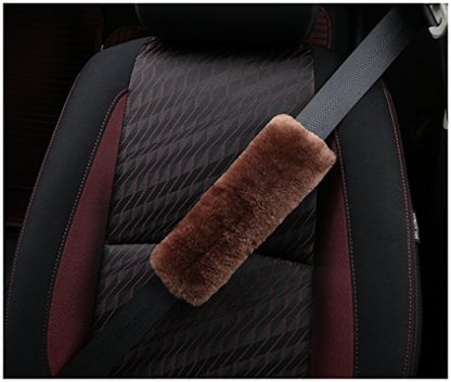 U&M 2 Pack Genuine Sheepskin Auto Seat Belt Cover for Adult Youth Kid Toddlers -Soft Warm Car, Truck, SUV, Camera Backpack Strap Shoulder Pad Wool Fluffy - color: coffee