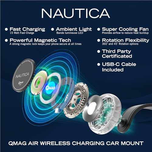 Nautica Turan QMAG Air - Wireless Magnetic Car Charger 15W with Cooling Fan and Ambient Light, Includes 4ft USB C Cable, Universal Phone Mount for iPhone 17, 16, Galaxy S25, S24, Pixel 10 and More