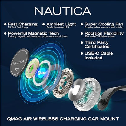 Nautica Turan QMAG Air - Wireless Magnetic Car Charger 15W with Cooling Fan and Ambient Light, Includes 4ft USB C Cable, Universal Phone Mount for iPhone 17, 16, Galaxy S25, S24, Pixel 10 and More