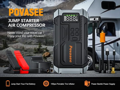 5000A Jump Starter with Air Compressor, Battery Jumper Starter car Battery Jump Starter povasee Portable Jump Starter (Up 9L Gas/8L Diesel Engine - style: With Air Compressor