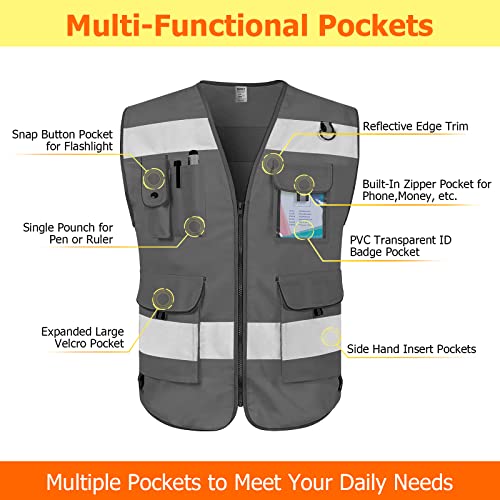 TCCFCCT Hi Vis Vest 9 Pockets High Visibility Reflective Safety Vest for Men Women, Safety Construction Vest with Reflective Strips, Meets ANSI/ISEA Standards, (Grey, Medium) - color: Grey Fabric-bison 001, size: Medium