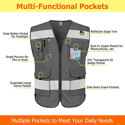 TCCFCCT Hi Vis Vest 9 Pockets High Visibility Reflective Safety Vest for Men Women, Safety Construction Vest with Reflective Strips, Meets ANSI/ISEA Standards, (Grey, Medium) - color: Grey Fabric-bison 001, size: Medium