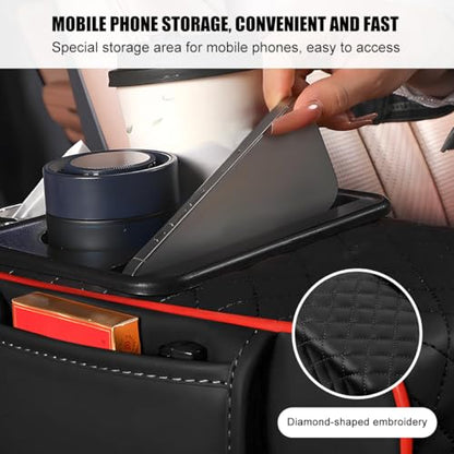 Car Armrest Cushion, 5-in-1 Nappa Leather Vehicle Centre Console Cover with 2 Storage Pockets, Cup Phone & Phone Holder, Multifunctional Auto Organiser Accessories, Universal Fit (Black/Red) - color: Black/Red