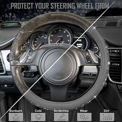 CAR PASS Bling Diamond Leather Steering Wheel Cover, with Bling Sparkly Crystal Glitter Rhinestones Universal Fit 14" 1/2-15" Car Wheel Protector for Women Girl Fit Suvs,Vans,Sedans,Cars,Trucks, Gray - color: Gray Diamond