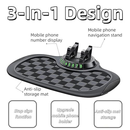 Multifunction Car Anti-Slip Mat, with Phone Holder, Temporary Parking Number and Large Pad, Rotatable 360° Anti-Skid Car Dashboard Pad for Phone, Sunglasses, Keys (Gray)