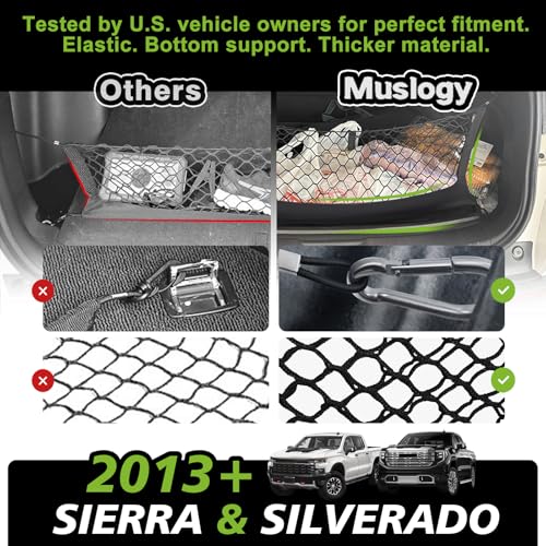 Muslogy Truck Bed Cargo Net Trunk Netting Compatible with 2013-2026 Chevy Silverado & GMC Sierra 1500/2500HD/3500HD Accessories, Pickup Cargo Organizer SUV Sedan Storage Net w/Heavy Duty Carabiners - style: 2013+ Silverado & Sierra1500/2500HD/3500HD