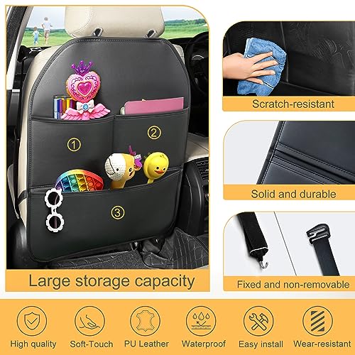 2 Pack PU Leather Kick Mat Back Seat Protector With 3 Storage Pockets, Universal Car Seat Back Organizer For Kids Pets, Waterproof Backseat Protector For Most Car (Black)