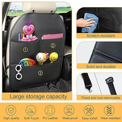 2 Pack PU Leather Kick Mat Back Seat Protector With 3 Storage Pockets, Universal Car Seat Back Organizer For Kids Pets, Waterproof Backseat Protector For Most Car (Black)