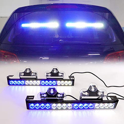 Blue/White 2 in 1 Emergency Strobe Light Bar 21 Flash Patterns Traffic Advisor Warning Hazard Windshield Safety Lights Bar with Cigar Lighter for Police Vehicles, Truck (2×16.8 inch, 32 Led) - color: Blue/White