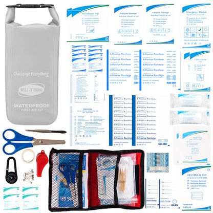 Boat First Aid Kit Waterproof, WELL-STRONG Marine Emergency Kit with Roll Top Dry Bag for Boating Fishing Kayaking – Water-Resistant Contents for Camping & Beach（Light Grey） - color: Ws011-lightgrey