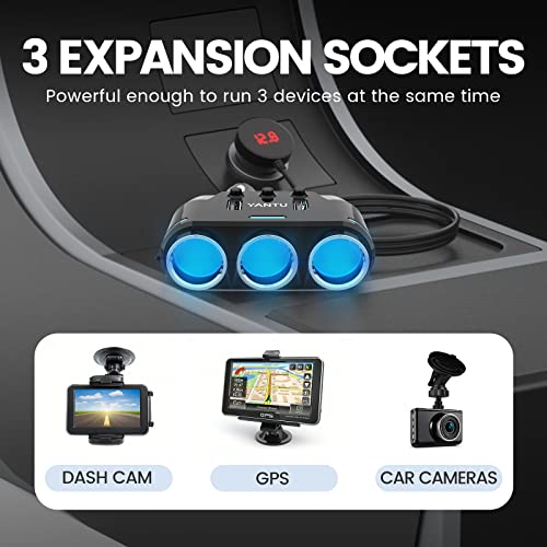 YANTU Cigarette Lighter Adapter & Splitter with 150W 3-Sockets & LED Ambient Lighting, Dual USB Fast Charging Car Outlet 12V, Car Cigarette Lighter Socket Plug Extension for Vehicles - color: BLACK