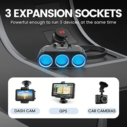 YANTU Cigarette Lighter Adapter & Splitter with 150W 3-Sockets & LED Ambient Lighting, Dual USB Fast Charging Car Outlet 12V, Car Cigarette Lighter Socket Plug Extension for Vehicles - color: BLACK