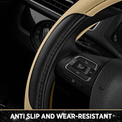 Road Comforts Leather Steering Wheel Cover - Made with PVC Leather - Anti-Slip, Universal Fit 14 1/2 inches to 15 inches - Beige - color: Beige