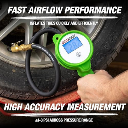 OEMTOOLS 24412 Digital Tire Inflator with Tire Pressure Gauge, Digital LCD Display, 0 to 175 PSI Air Pressure Gauge for Tires with 21” Hose and Clip-On Air Chuck